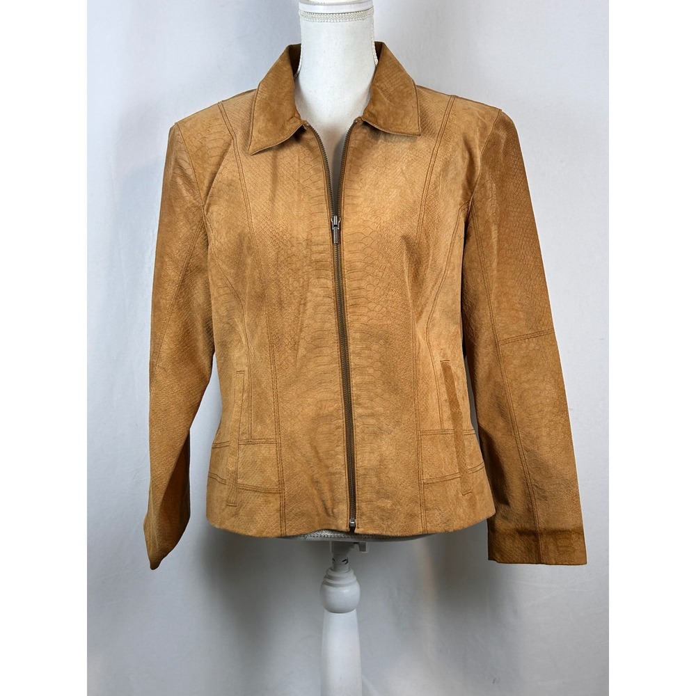 Bernardo Leather Jacket Womens L Tan Snakeskin Embossed Full Zip Pocket